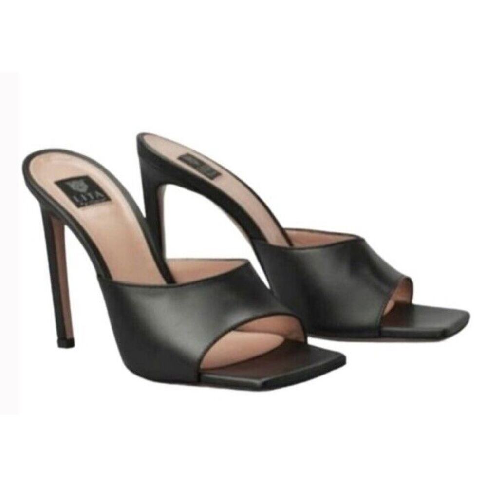 NEW Lita by Ciara Solid Square Toe Leather Slide •41/ US 10• Black Heels Pumps